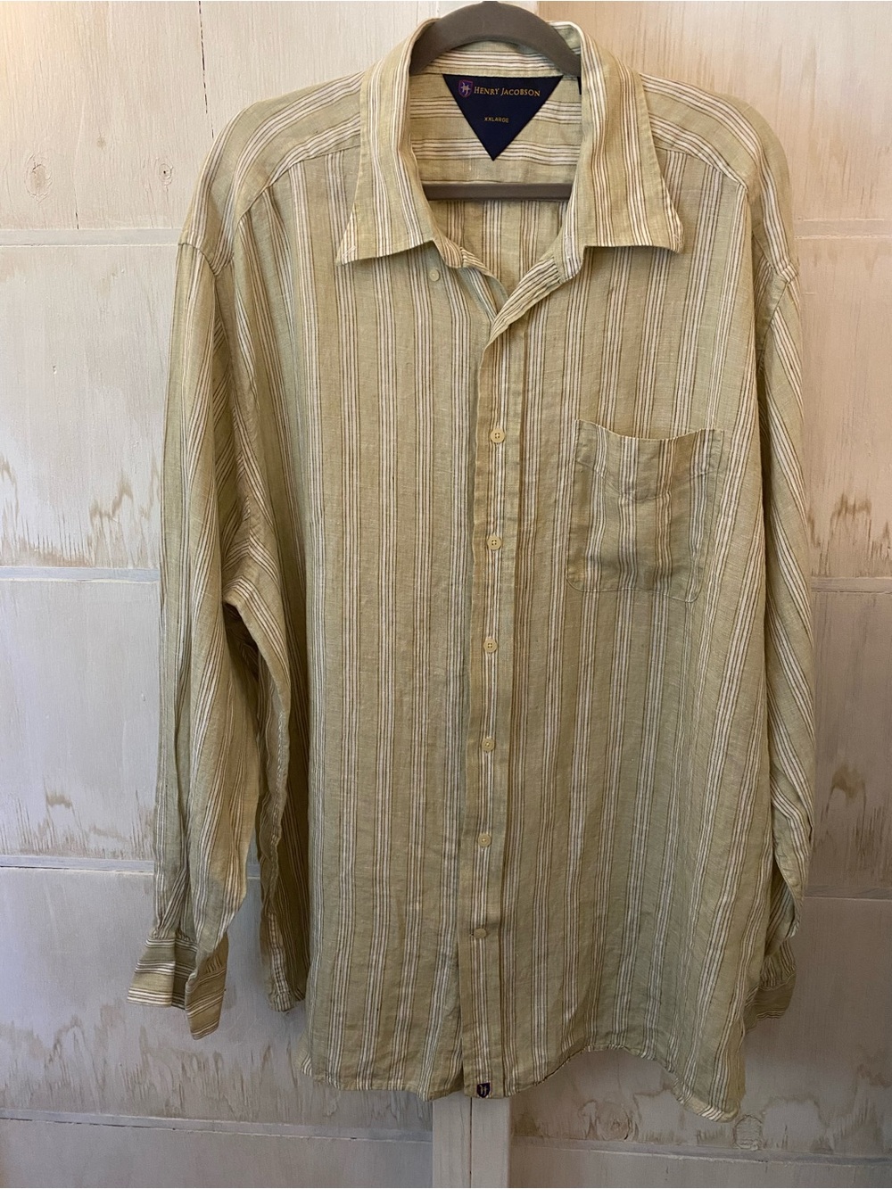 Light Olive Striped Button-Down Linen 2XL Casual Shirt by Henry Jacobson